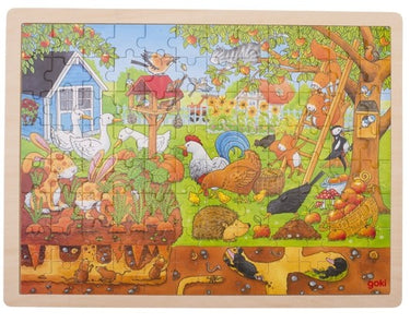 Children's wooden puzzle with animals, featuring a wooden frame.